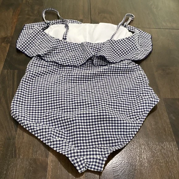 Gingham blue white ruffle bathing swimsuit removable straps Large Kona sol EUC - Picture 10 of 10